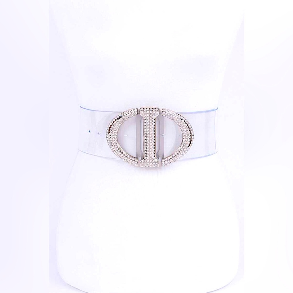 Silver & Rhinestone Buckle Clear PVC Statement Belt